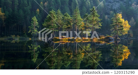 Tranquil lake surrounded by lush green trees under a clear blue sky. Peaceful nature scene concept. 120315290