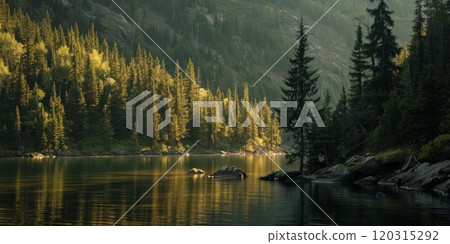 Idyllic lake nestled among trees with a pristine blue sky above. Nature's tranquility concept. Idyllic lake nestled among trees with a pristine blue sky above. Nature's tranquility concept. 120315292