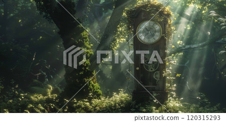 A clock is sitting in a forest with vines growing on it A clock is sitting in a forest with vines growing on it 120315293