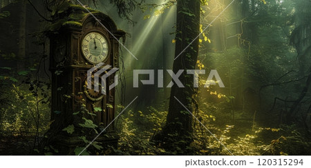 Antique clock overgrown with vines in a mysterious forest setting. Lost time concept. Antique clock overgrown with vines in a mysterious forest setting. Lost time concept. 120315294