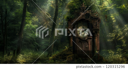 Vintage clock lying among vines and foliage in a secluded forest. Past and present concept. Vintage clock lying among vines and foliage in a secluded forest. Past and present concept. 120315296