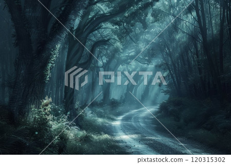 Mysterious dark forest with a narrow path leading through the trees. Eerie woodland concept. Mysterious dark forest with a narrow path leading through the trees. Eerie woodland concept. 120315302