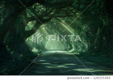 Winding path disappearing into a shadowy, dark green forest. Unknown journey concept. 120315303