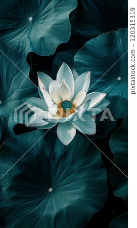 Single white flower with delicate petals against a backdrop of lush green foliage. Purity and nature concept. 120315319