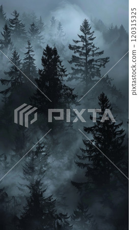 A forest with trees in the background and a misty sky 120315325