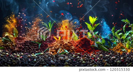 Vibrant spices and herbs arranged artfully on a dark background. Culinary ingredients concept. 120315330