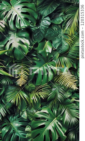 Abstract pattern of green leaves and plants in a dense jungle. Natural background concept. Abstract pattern of green leaves and plants in a dense jungle. Natural background concept. 120315336
