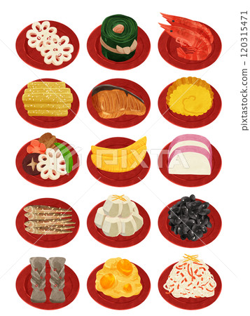 新年食品套裝_紅色小盤子，水彩風格手繪插畫 120315471