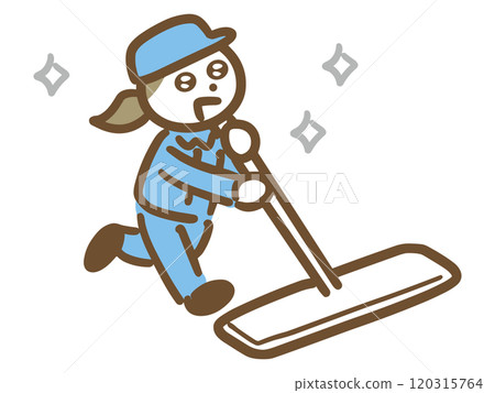 一位年輕的清潔女工高興地拖地（全身） 120315764