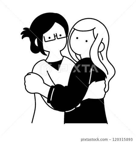 Monochrome illustration of a friendly pair of women hugging each other 120315893