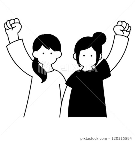 Monochrome illustration of a friendly pair of women standing side by side and raising their fist in a fist Monochrome illustration of a friendly pair of women standing side by side and raising their fist in a fist 120315894