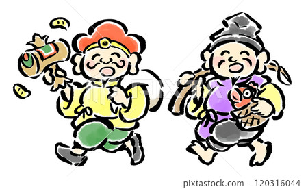 惠比壽天和大黑天快樂地跳躍，手繪筆觸插圖 120316044