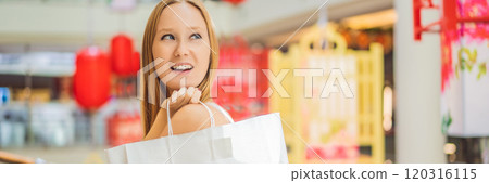 Woman hold shopping bag against the background of Chinese red lanterns for the Chinese New Year. Big sale in honor of the New Year's Eve. Black Chinese Friday 11.11 BANNER, LONG FORMAT 120316115