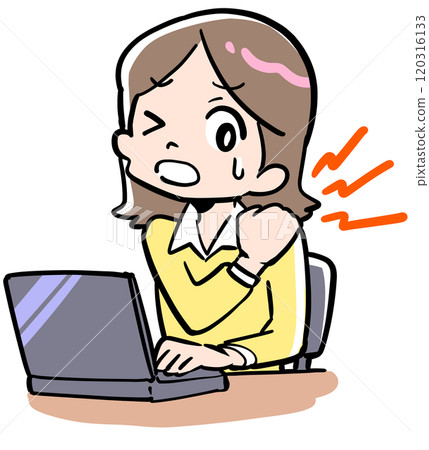 Woman massaging her shoulders at desk 120316133