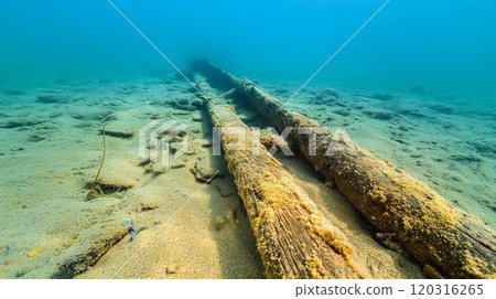 A close-up of an ancient sunken ship, 120316265