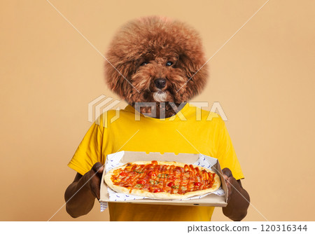 A person wearing a bright yellow t-shirt proudly holds a large pizza with various toppings in front of them. The head of the individual is humorously replaced by the fluffy face of a dog A person wearing a bright yellow t-shirt proudly holds a large pizza with various toppings in front of them. The head of the individual is humorously replaced by the fluffy face of a dog 120316344