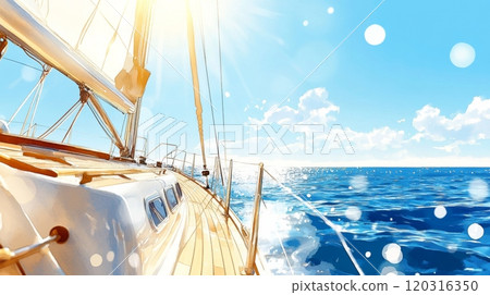 Watercolor illustration of the view from the yacht to the sea Watercolor illustration of the view from the yacht to the sea 120316350