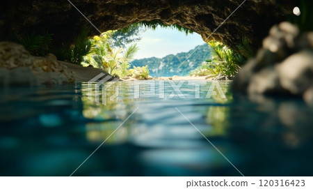 A hidden entrance to an underwater cave surrounded by plants 120316423