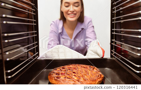 Homemade dessert. Happy young woman taking ready pie from oven, view from inside 120316441