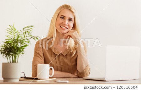 A smiling woman with blonde hair sits at a desk working on a laptop. A smiling woman with blonde hair sits at a desk working on a laptop. 120316504
