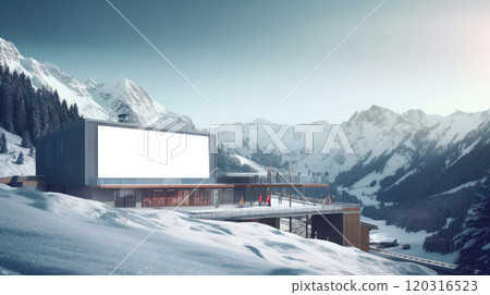 Blank billboard in a ski resort with snowy mountains in the background.  120316523