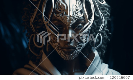 A woman with a mask on her face and curly hair, AI 120316607