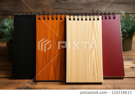 different colorful spiral notebooks, on a wooden background 120316615