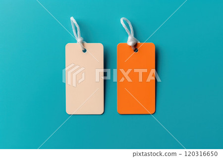 two colored fashion label tag mockups on a colored background 120316650