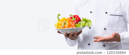 Salad Recipes. Unrecognizable Chef Guy Holding Plate With Vegetables Over White Studio Background. Panorama, Cropped, Copy Space 120316664