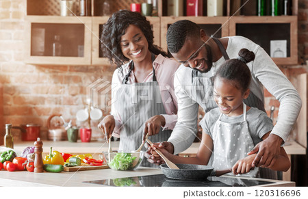Kind african parents teaching their adorable daughter how to cook healthy food, free space 120316696