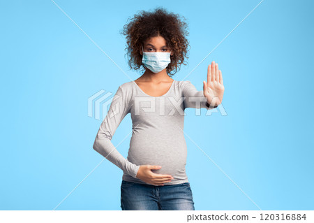 Infectious diseases and flu. Pregnant lady in medical mask gesturing stop sign, gray background 120316884