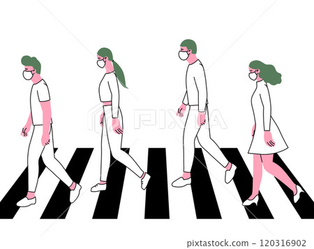 People wearing surgical mask while crossing the street on crosswalk People wearing surgical mask while crossing the street on crosswalk 120316902