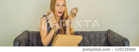 young woman received online shopping parcel opening boxes and buying fashion items by using credit card BANNER, LONG FORMAT young woman received online shopping parcel opening boxes and buying fashion items by using credit card BANNER, LONG FORMAT 120316980