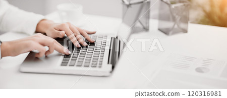 Job Search. Side view of unrecognizable girl using laptop, finding work projects online. Selective focus, empty space Job Search. Side view of unrecognizable girl using laptop, finding work projects online. Selective focus, empty space 120316981