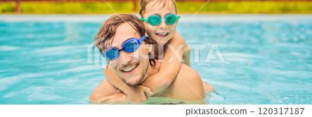 Dad and son in swimming Goggles have fun in the pool BANNER, LONG FORMAT 120317187