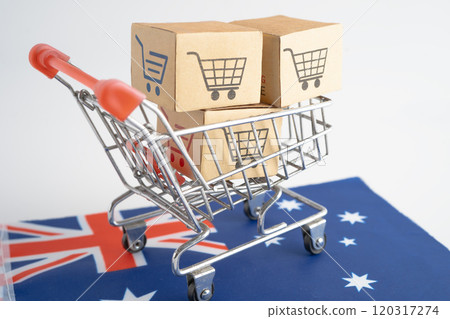 Online shopping, Shopping cart box on Australia flag, import export, finance commerce. Online shopping, Shopping cart box on Australia flag, import export, finance commerce. 120317274