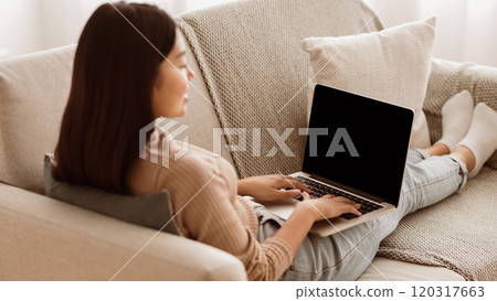 Online Remote Job. Student Girl Typing on Laptop with Blank Screen, Copy Space 120317663