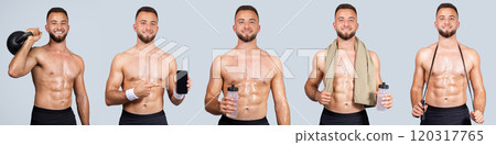 A fit man displays his toned abs and strong physique while engaging in different activities. He holds various fitness props, demonstrating a healthy lifestyle and commitment to fitness. 120317765