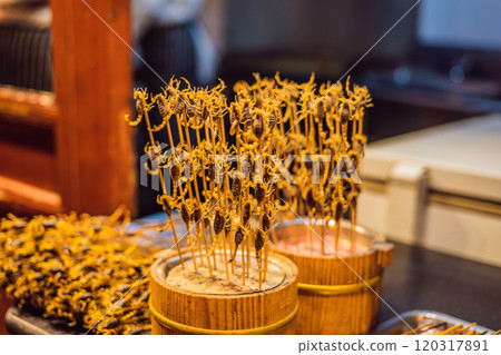 Fried scorpions in Wangfujing night market of Beijing, China 120317891