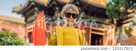 Enjoying vacation in China. Young boy with national chinese flag in Forbidden City. Travel to China with kids concept. Visa free transit 72 hours, 144 hours in China BANNER, LONG FORMAT Enjoying vacation in China. Young boy with national chinese flag in Forbidden City. Travel to China with kids concept. Visa free transit 72 hours, 144 hours in China BANNER, LONG FORMAT 120317923