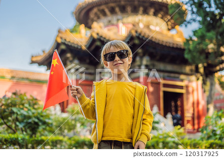Enjoying vacation in China. Young boy with national chinese flag in Forbidden City. Travel to China with kids concept. Visa free transit 72 hours, 144 hours in China Enjoying vacation in China. Young boy with national chinese flag in Forbidden City. Travel to China with kids concept. Visa free transit 72 hours, 144 hours in China 120317925