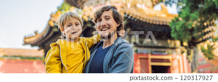 Enjoying vacation in China. Dad and son in Forbidden City. Travel to China with kids concept. Visa free transit 72 hours, 144 hours in China BANNER, LONG FORMAT 120317927