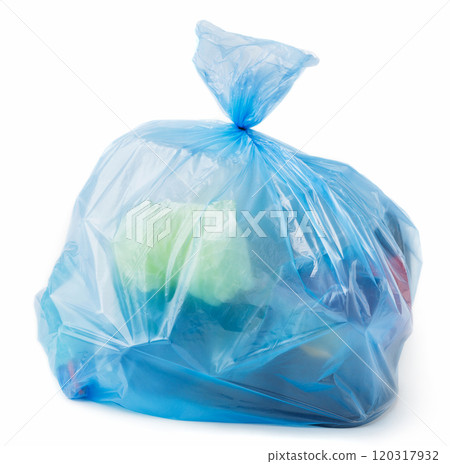 Blue plastic bag full of trash on white background, isolated Blue plastic bag full of trash on white background, isolated 120317932