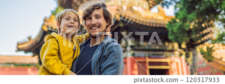 Enjoying vacation in China. Dad and son in Forbidden City. Travel to China with kids concept. Visa free transit 72 hours, 144 hours in China BANNER, LONG FORMAT 120317933