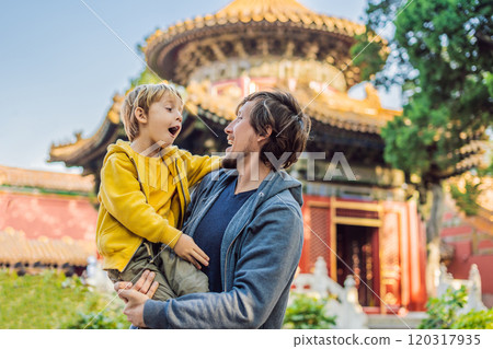 Enjoying vacation in China. Dad and son in Forbidden City. Travel to China with kids concept. Visa free transit 72 hours, 144 hours in China 120317935