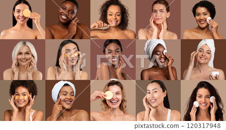 A group of diverse women engage in a skincare routine, showcasing various natural products. Their joyful expressions highlight the importance of self-care during a beauty session. A group of diverse women engage in a skincare routine, showcasing various natural products. Their joyful expressions highlight the importance of self-care during a beauty session. 120317948