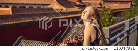 Enjoying vacation in China. Young woman in Forbidden City. Travel to China concept. Visa free transit 72 hours, 144 hours in China BANNER, LONG FORMAT 120317951