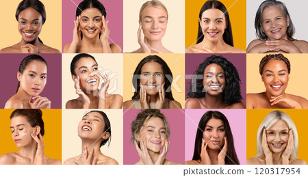 A vibrant collage features women of various ages performing skincare routines. Each woman expresses joy while applying products, set against colorful backdrops. 120317954