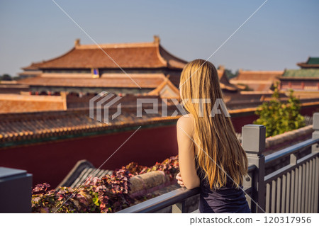 Enjoying vacation in China. Young woman in Forbidden City. Travel to China concept. Visa free transit 72 hours, 144 hours in China 120317956
