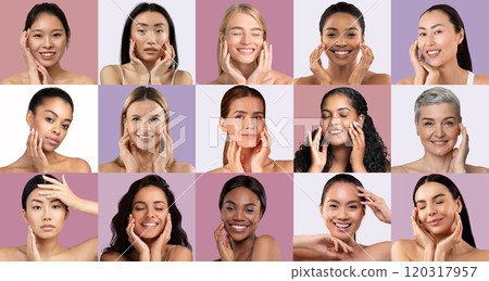 Various women are engaged in their skincare routines, showcasing diverse techniques and expressions of joy against colorful backgrounds. They emphasize self-care and confidence. 120317957